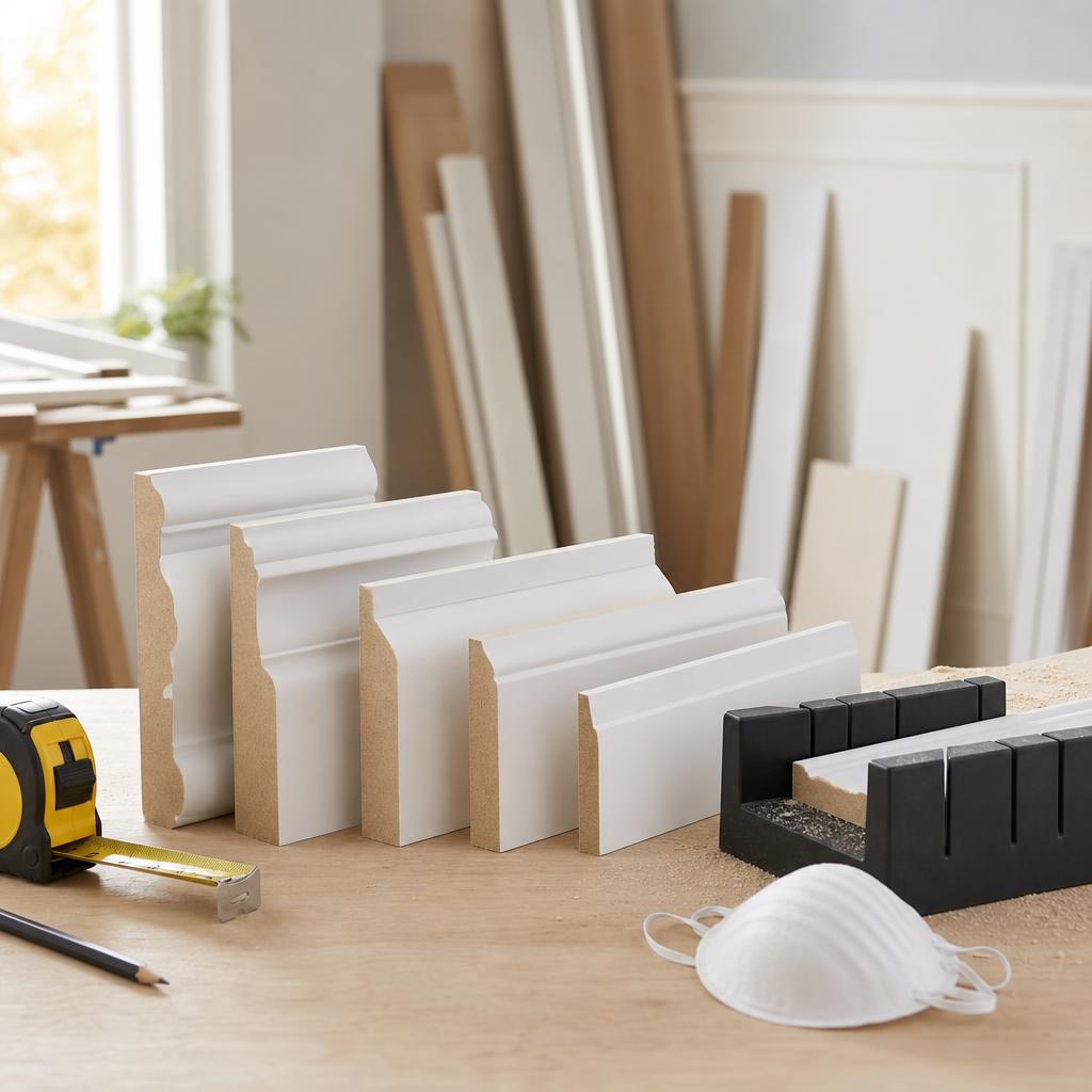 Original renovation editorial with MDF skirting profiles, tape measure, mitre box and dust mask