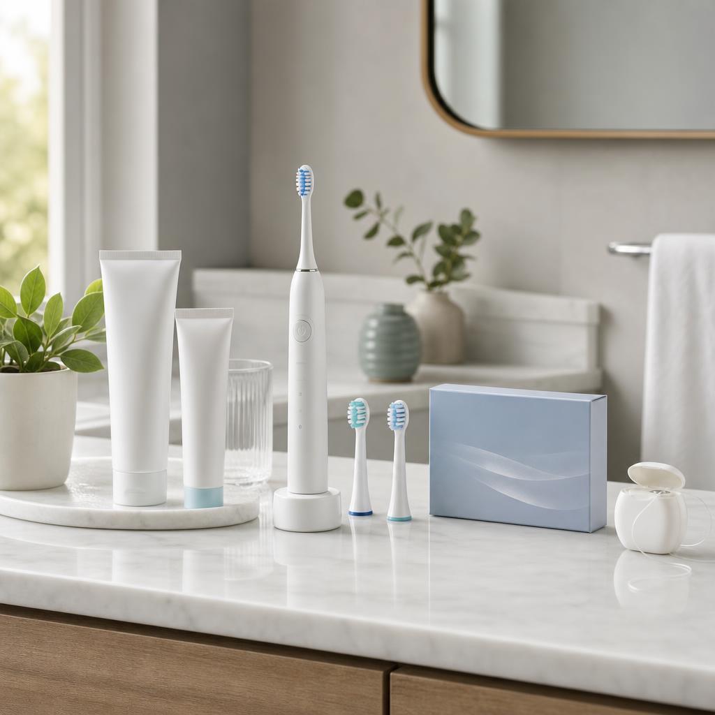 Original oral-care editorial with toothpaste, electric toothbrush, replacement heads, strips and floss