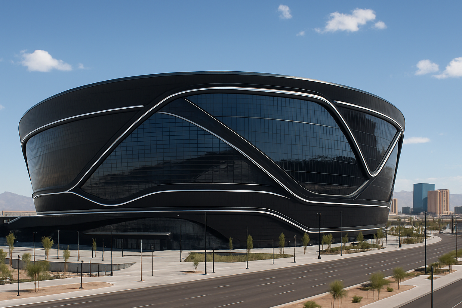 Exterior of Allegiant Stadium beneath a blue sky