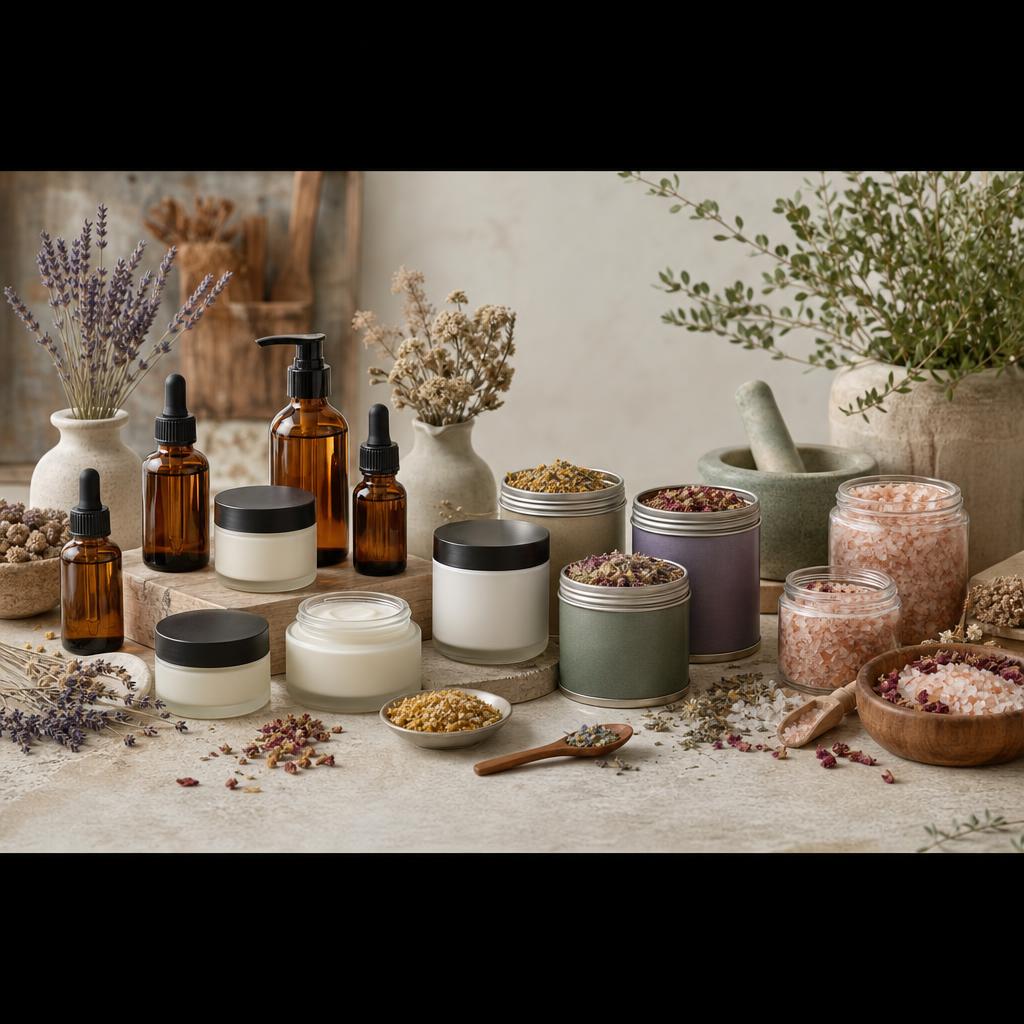 Original botanicals editorial with skincare jars, tinctures, herbal tea and bath salts