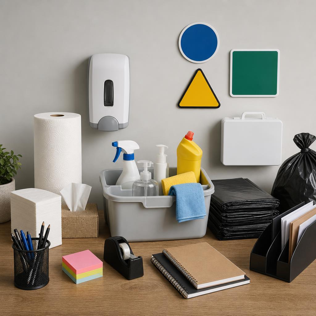 Original workplace-supplies editorial with washroom, cleaning, safety, first-aid and office items