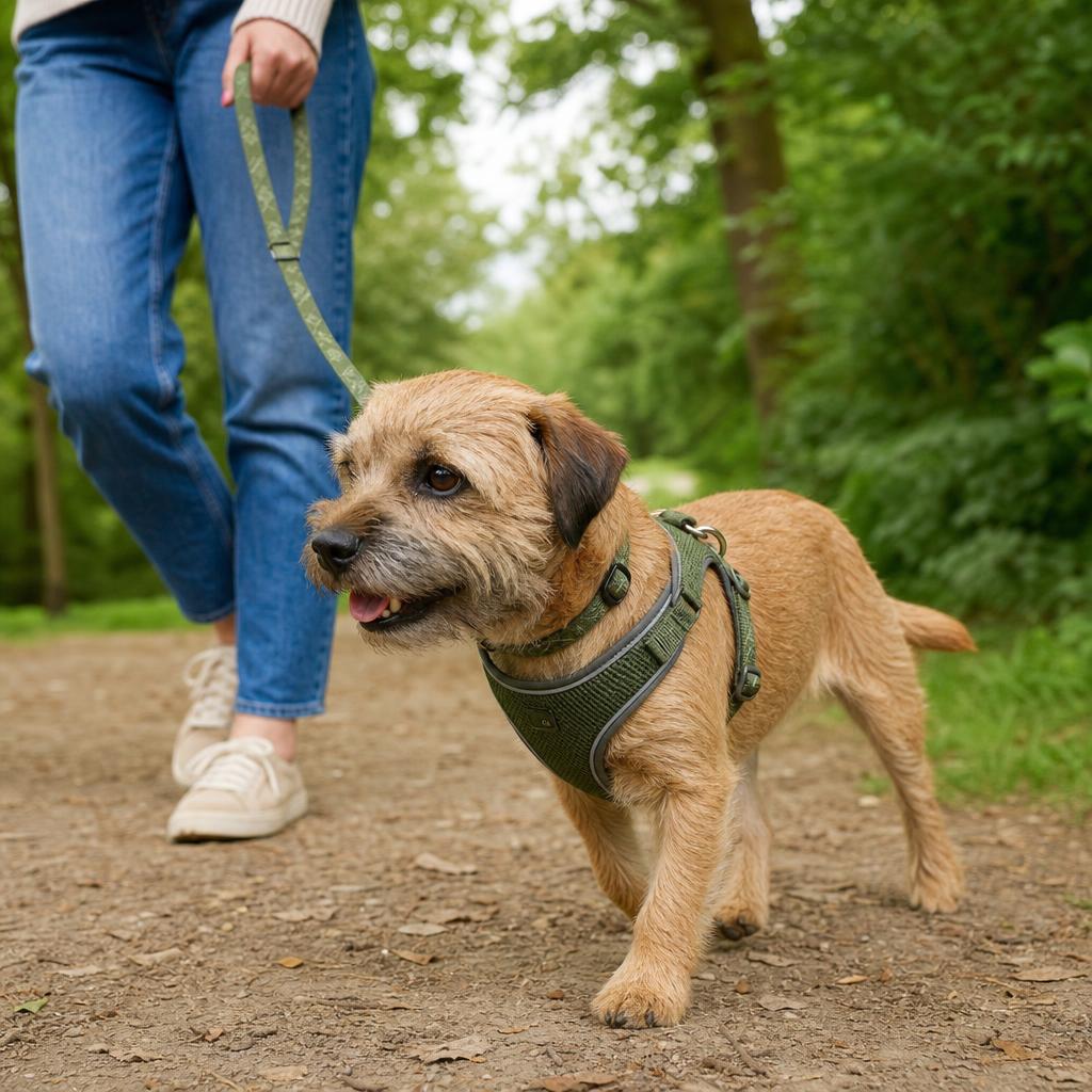 Illustration of a dog walking with a collar, lead and harness