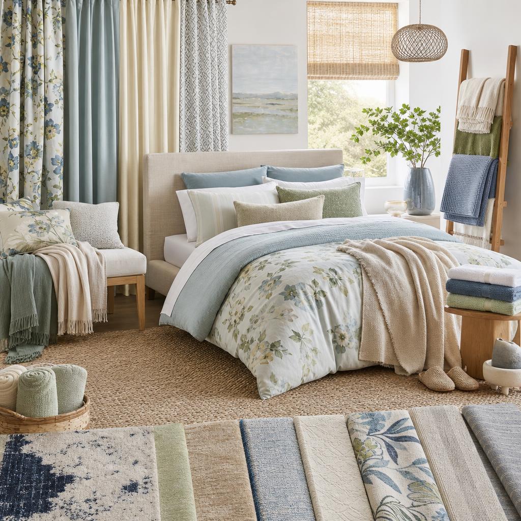 Original home-textile editorial with bedding, curtains, towels, throws and rugs