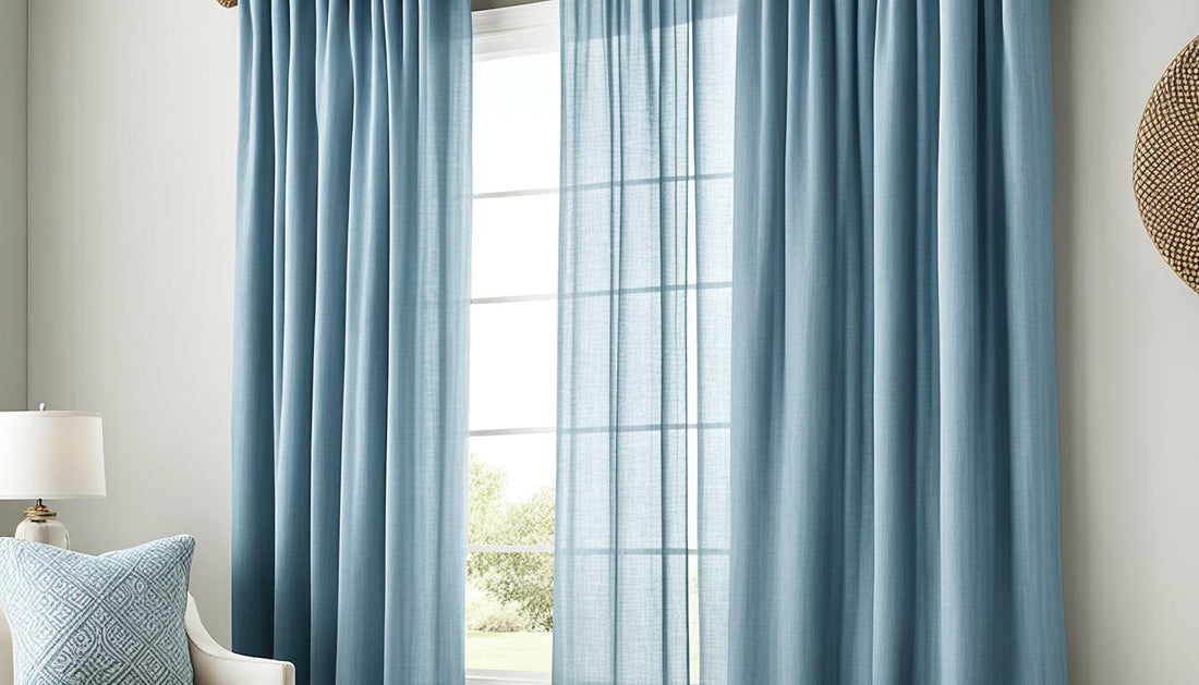 Floor-length blue curtains framing a bright window beside a pale armchair