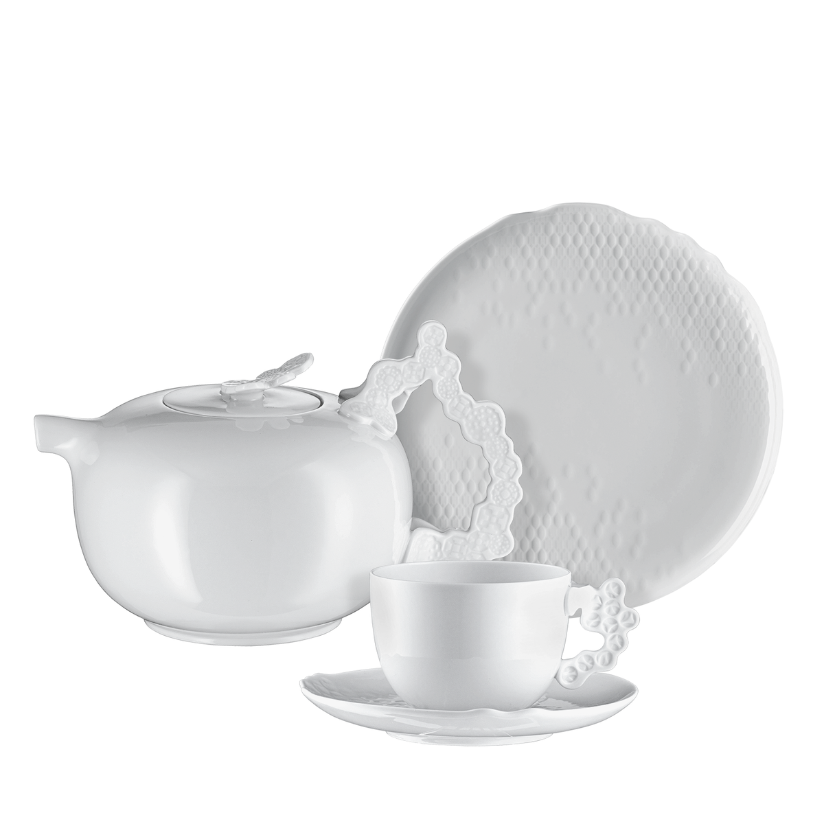 White Rosenthal porcelain bowl, cup, saucer and textured plates
