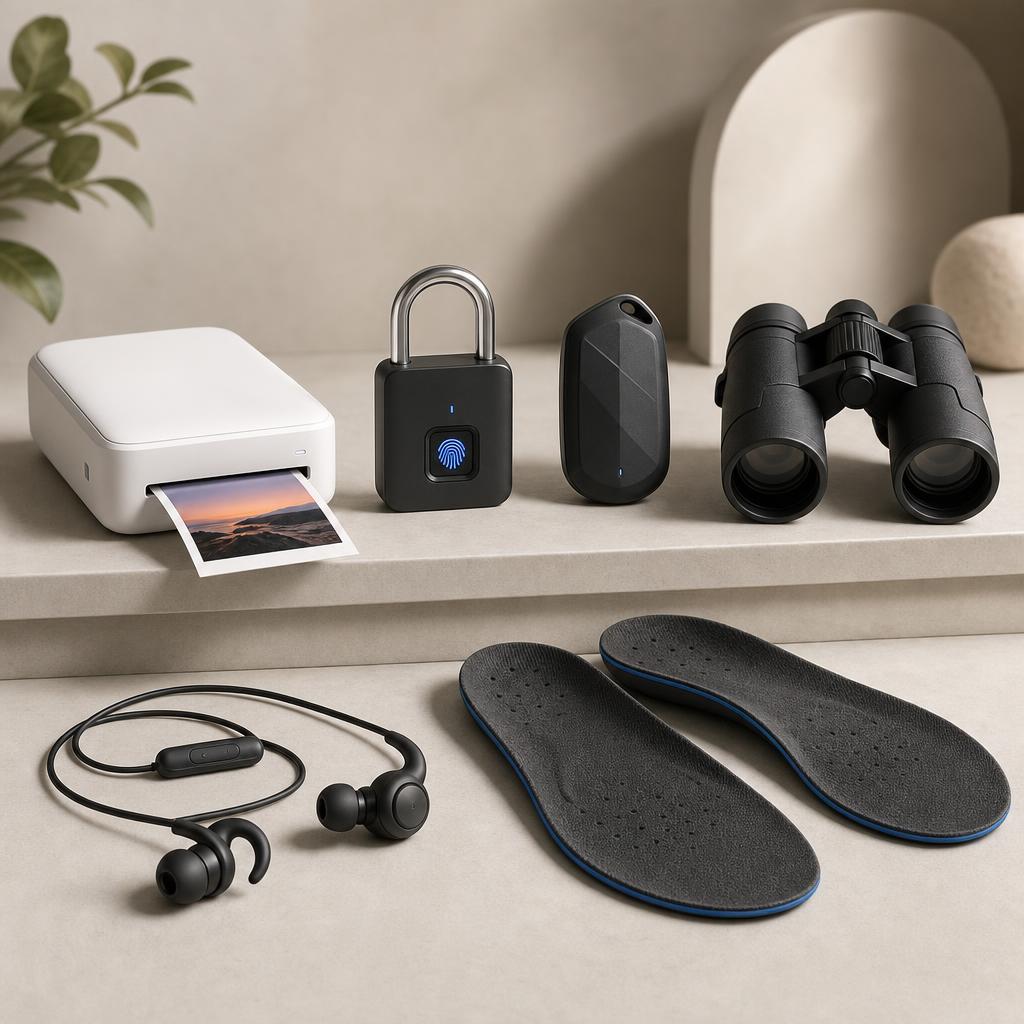 Original consumer gadget editorial with mini printer, padlock, tracker, binoculars, earphones and insoles