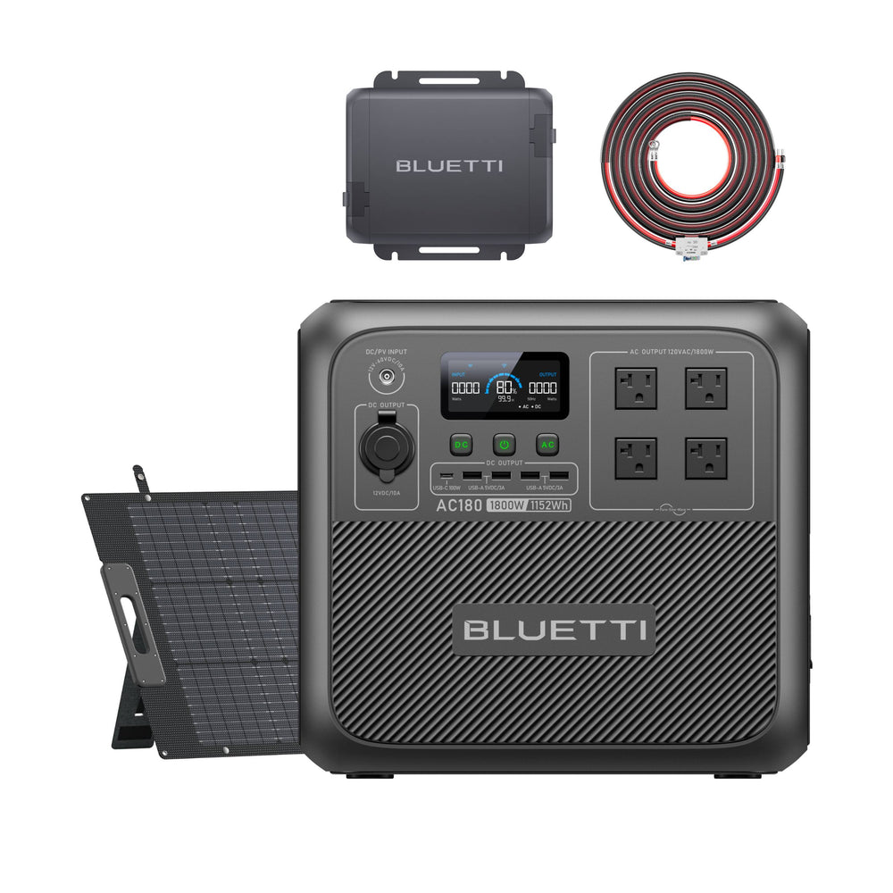 BLUETTI AC180 portable power station with a folding solar panel and charging cable