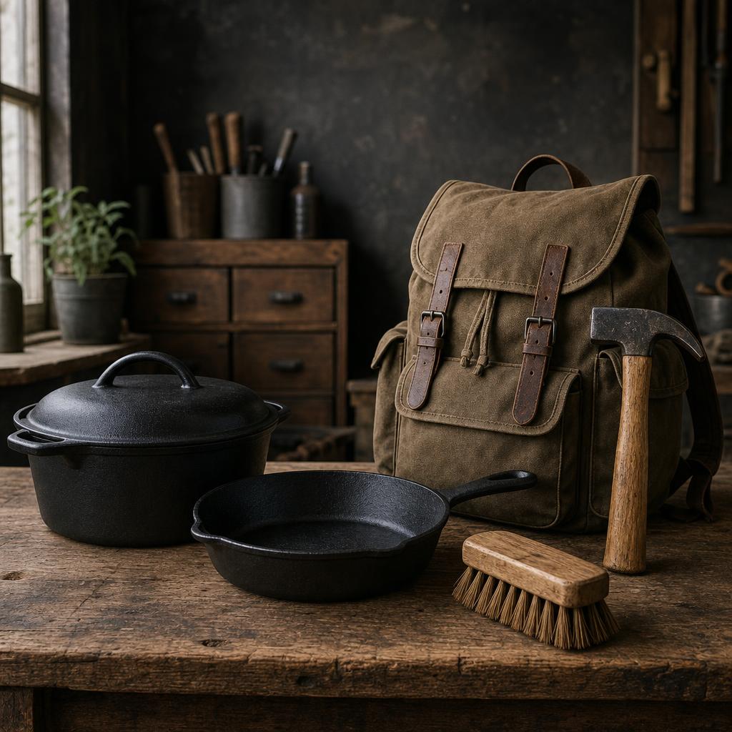 Original durable goods editorial with cookware, hand tool, backpack and household brush