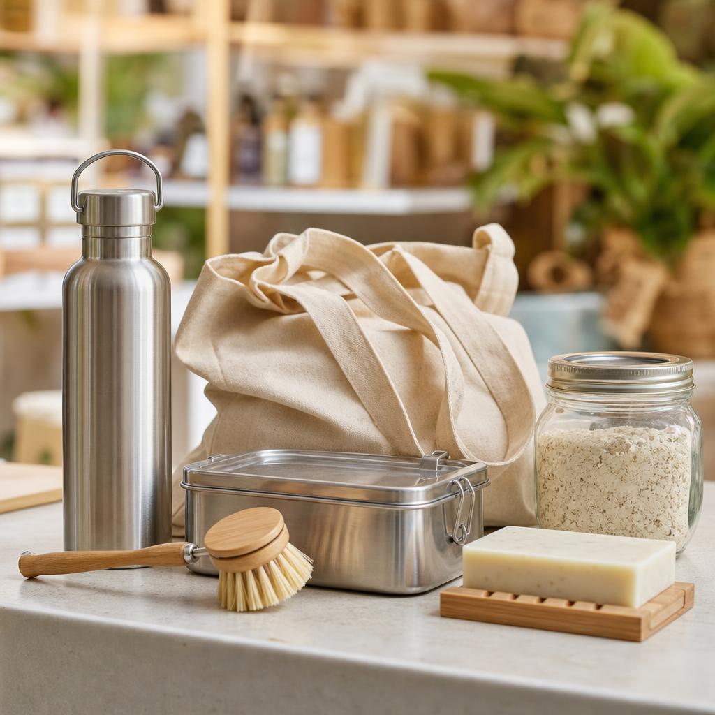 Original reusable-home-products editorial with bottle, brush, lunch box, bag and refill items
