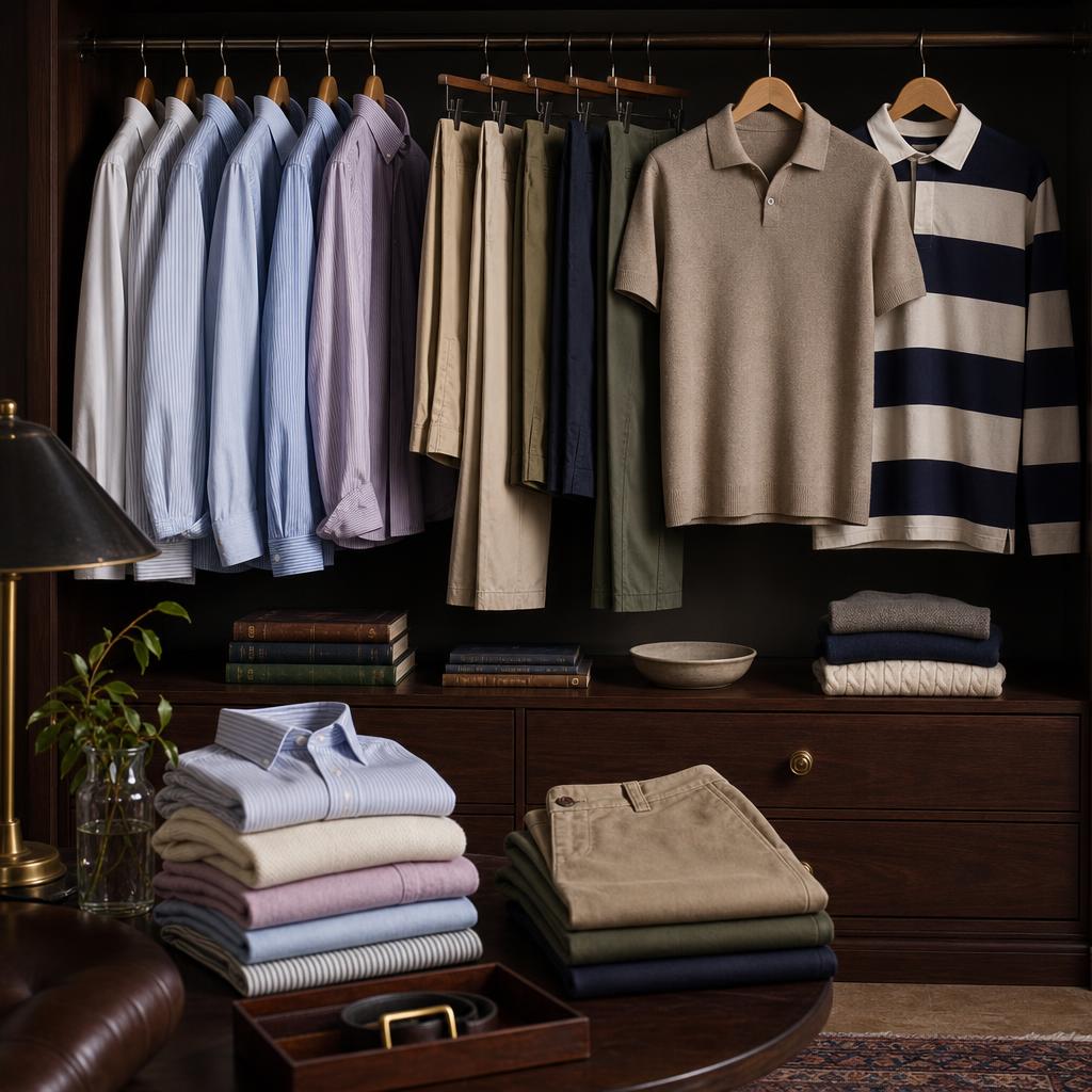Original menswear editorial with formal shirts, chinos, polo and striped rugby top