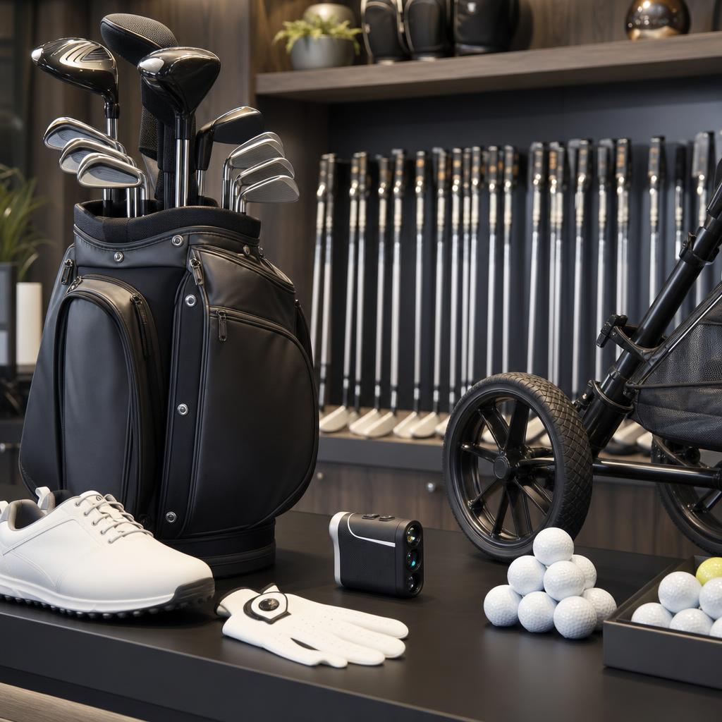 Original golf-retailer editorial with clubs, bag, balls, glove, shoe, trolley and rangefinder