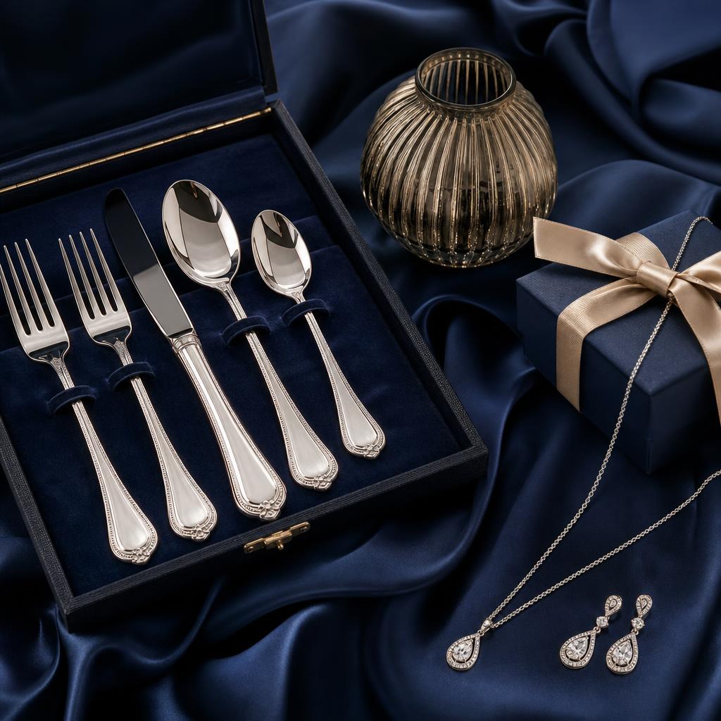 Original silverware editorial with polished cutlery, jewellery, ornament and gift box