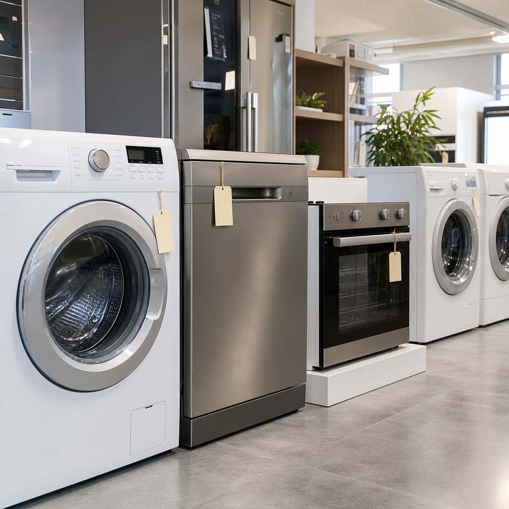 Original editorial image of inspected refurbished kitchen and laundry appliances in a bright showroom