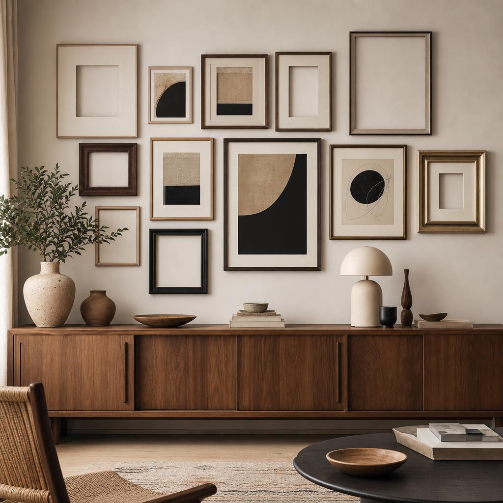 Original interior editorial with a gallery wall of varied frames and abstract art prints