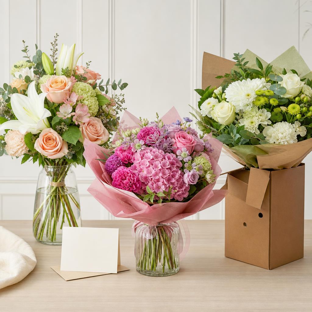 Original online-florist editorial with seasonal bouquets, blank gift card, vase and delivery box