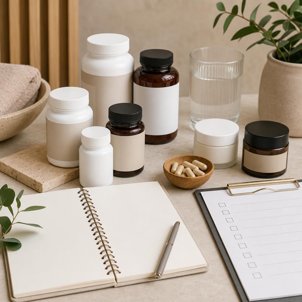Original conservative wellness editorial with supplements, skincare, blank checklist and consultation notebook