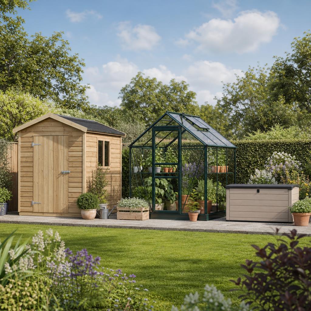 Original garden buildings editorial with a timber shed, compact greenhouse and storage box