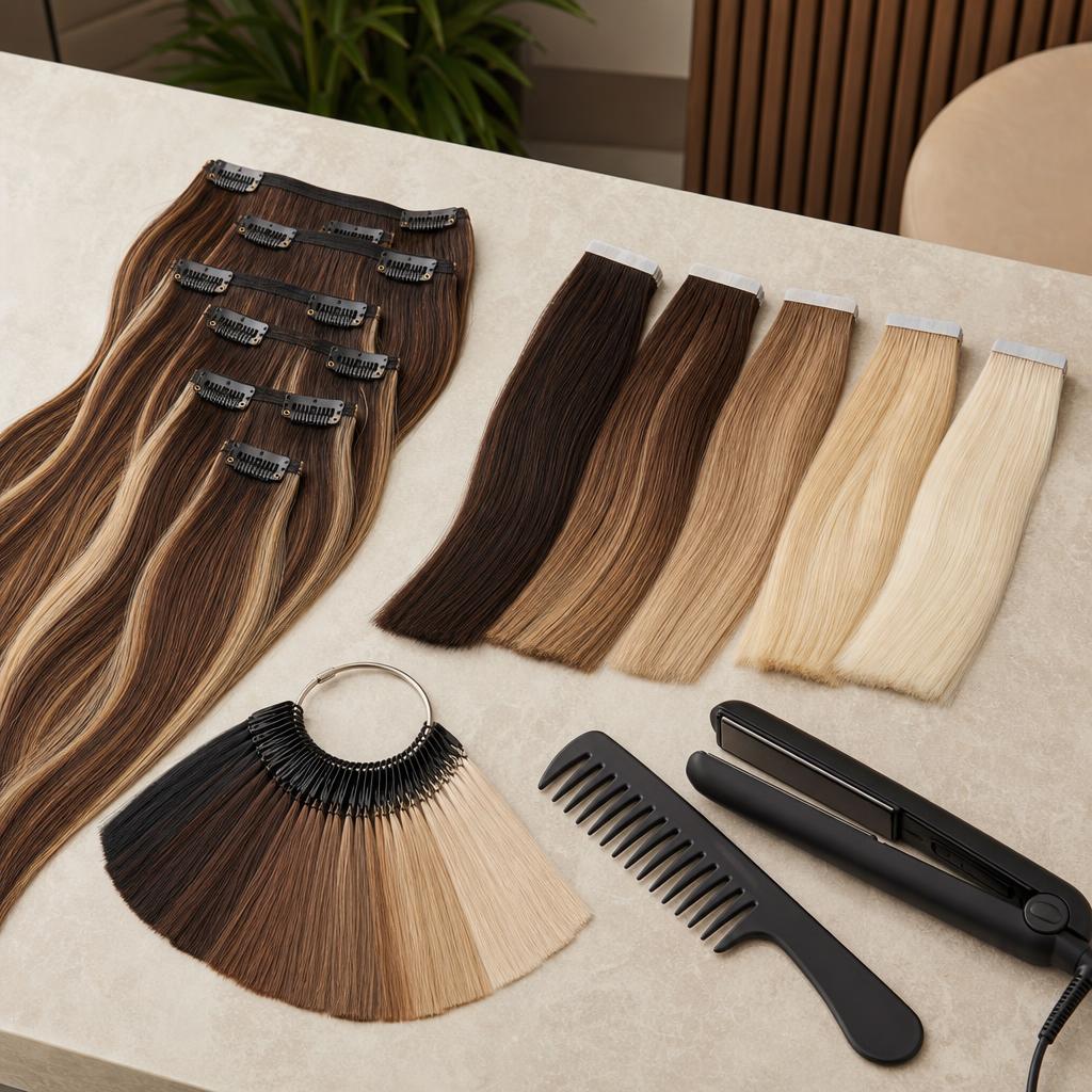 Original hair-extension editorial with wefts, tape extensions, shade ring, comb and switched-off tool