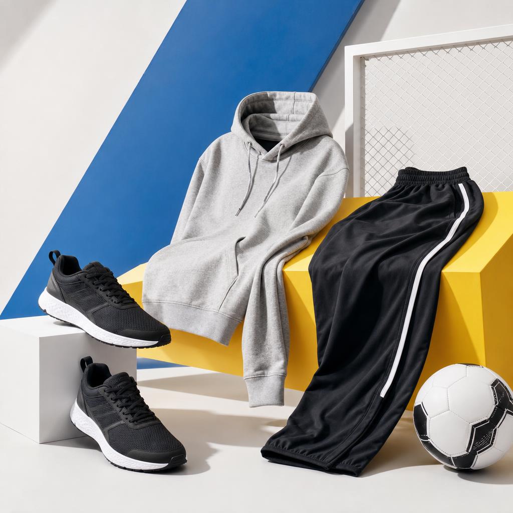 Original sportswear editorial with trainers, hoodie, track trousers and football in a bright studio