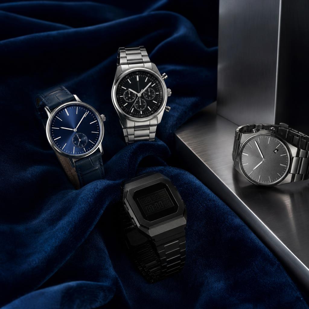 Original editorial photograph of analogue and digital wristwatches on velvet and metal