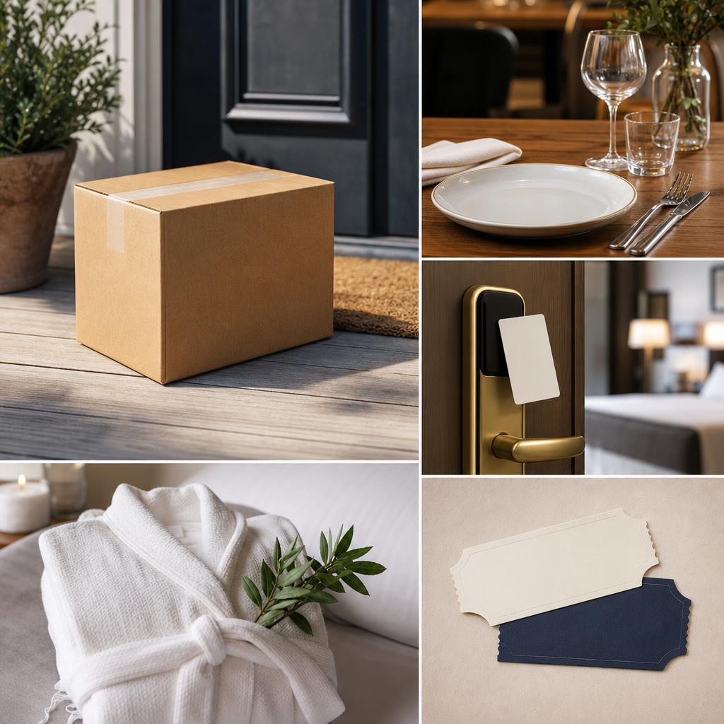 Original deals-marketplace editorial with parcel, dining, hotel, spa and event symbols