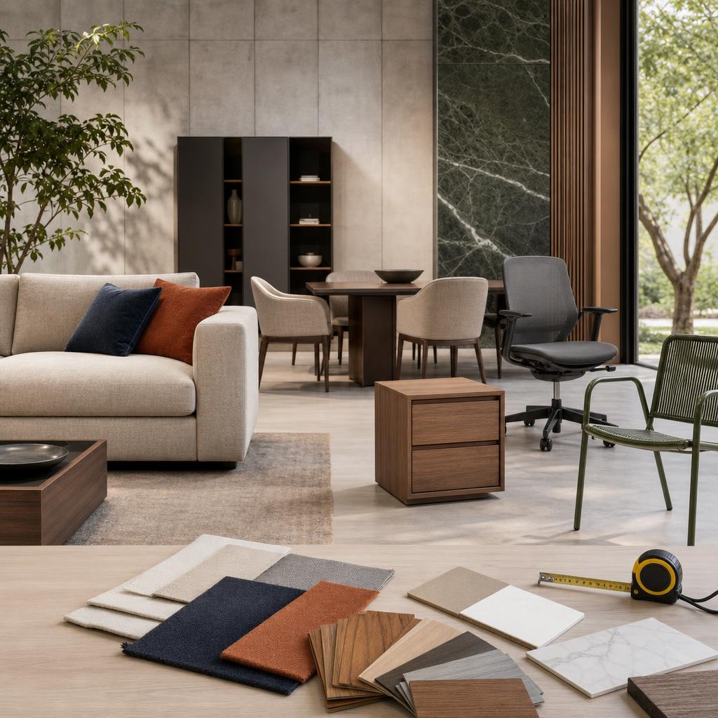 Original modern-furniture editorial with sofa, dining, bedroom, office and garden items