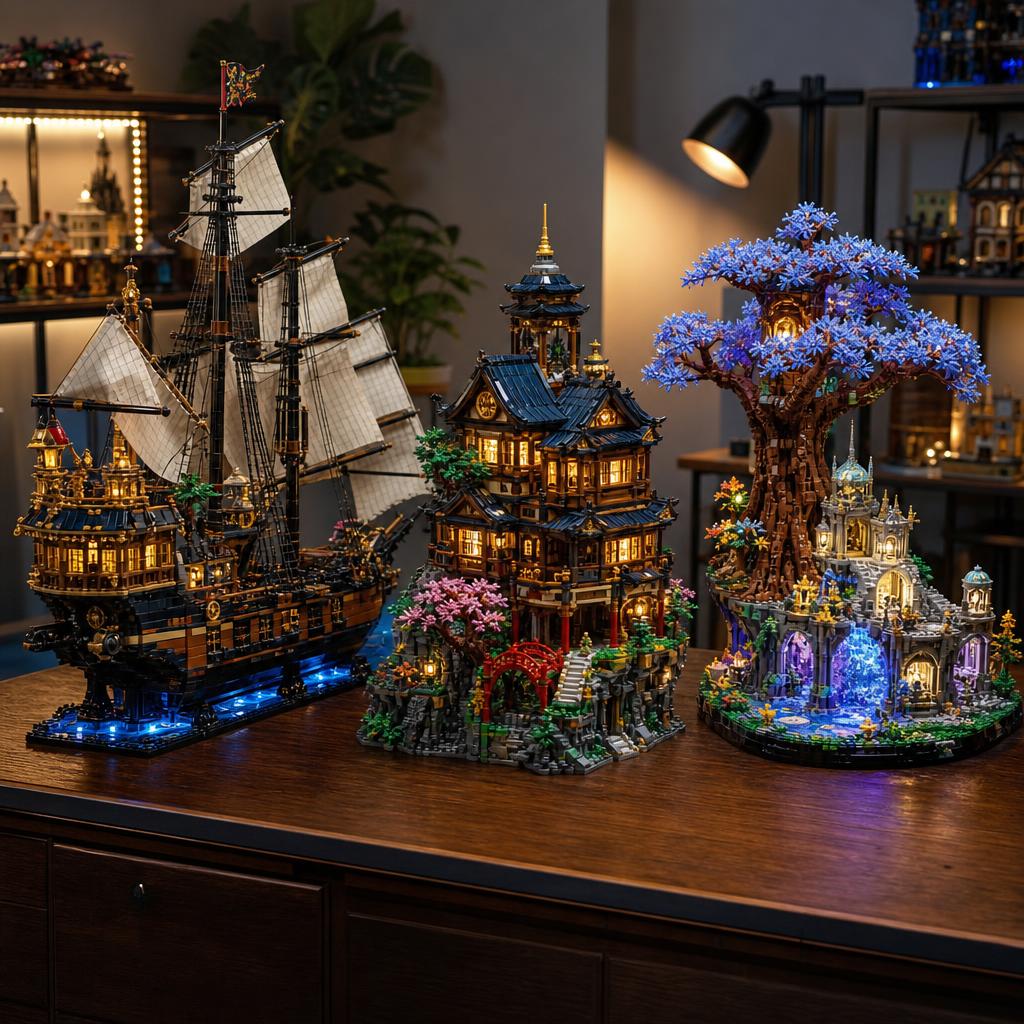 Original adult-building-set editorial with architecture, ship and illuminated fantasy models