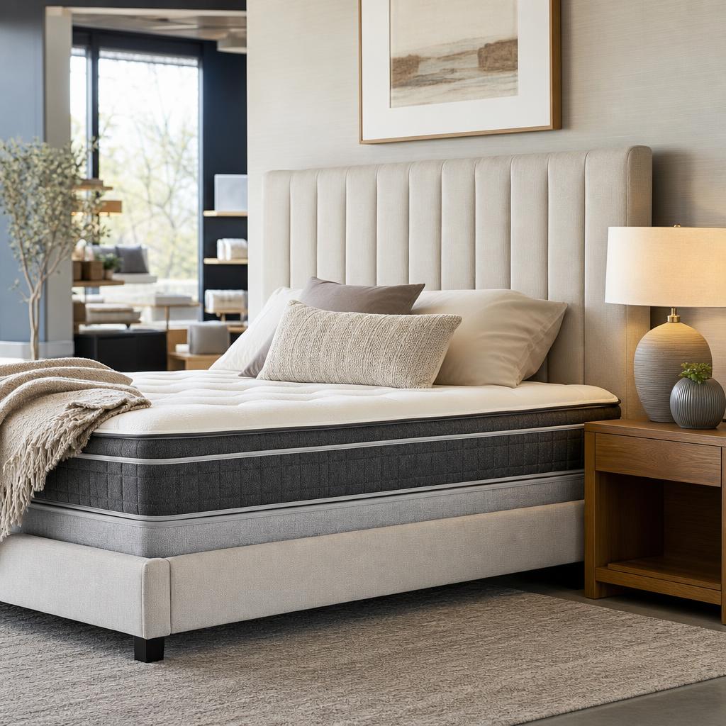 Original editorial image of a layered mattress and upholstered bed in a modern showroom