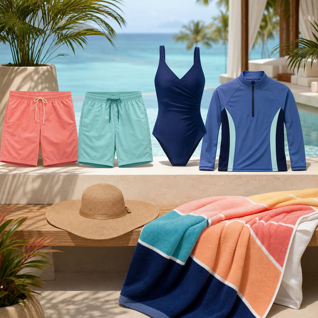 Original swimwear editorial with swim shorts, swimsuit, rash vest, hat and towel