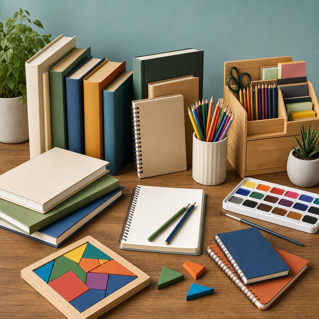 Original books and creative-supplies editorial with blank books, stationery, pencils, paint and puzzle