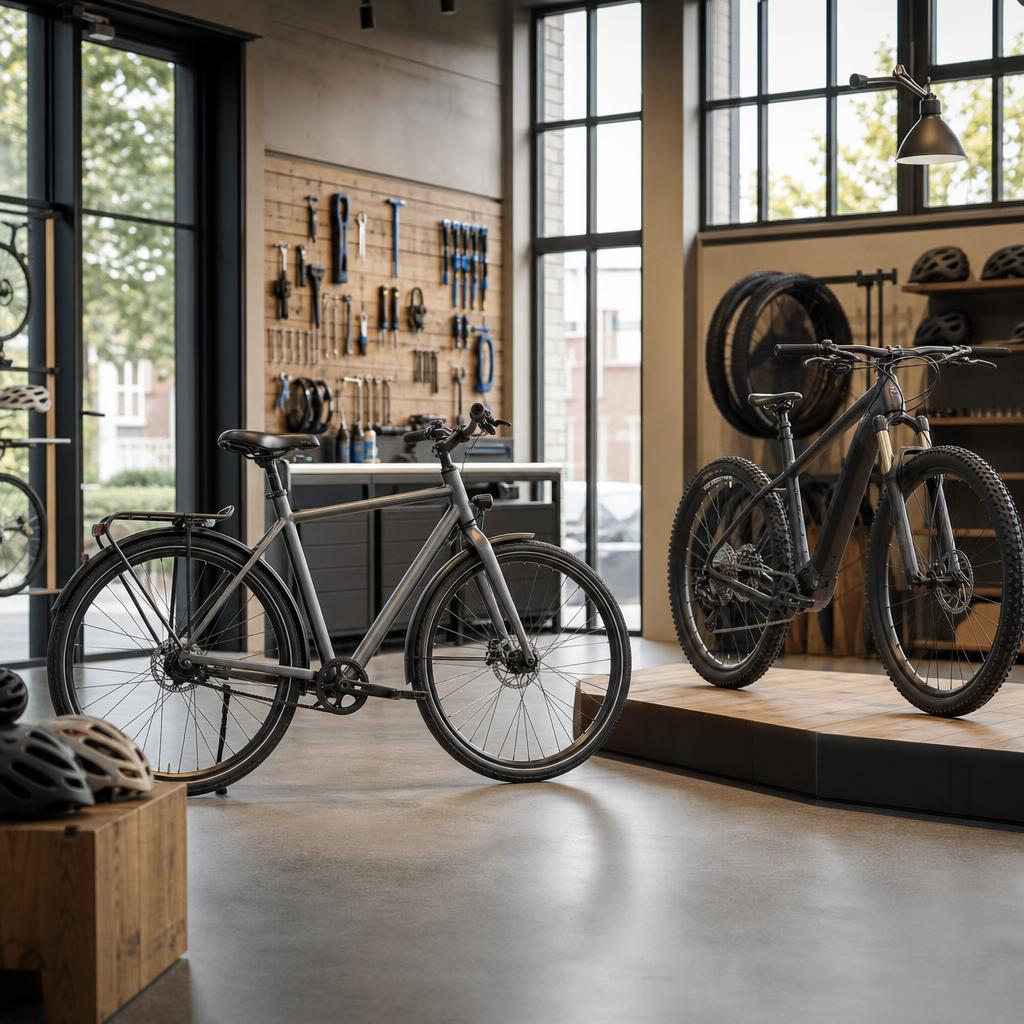 Original editorial image of city and mountain bicycles in a bright showroom