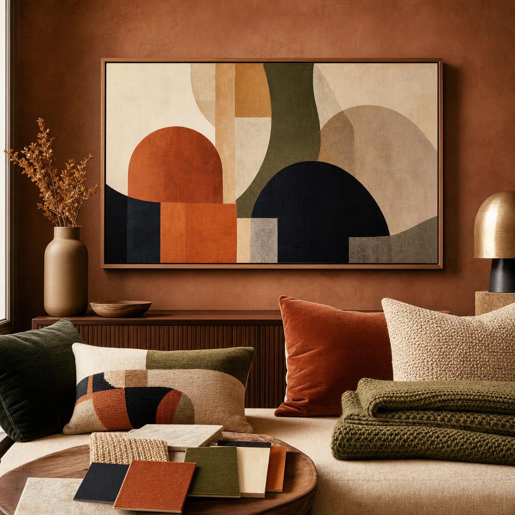 Original home-decor editorial with abstract art, cushions, blanket and material swatches