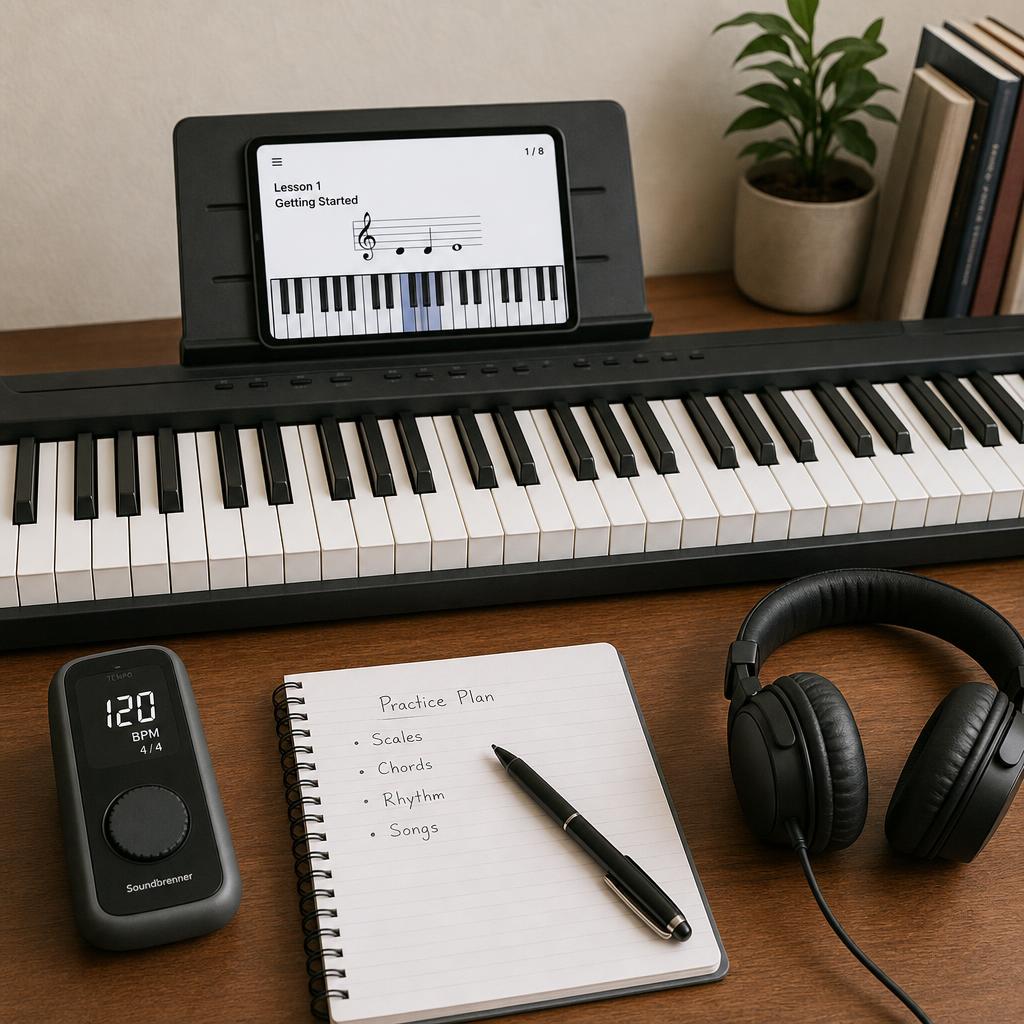 Original photographic Simply Piano editorial for app-based beginner piano lessons and practice tools