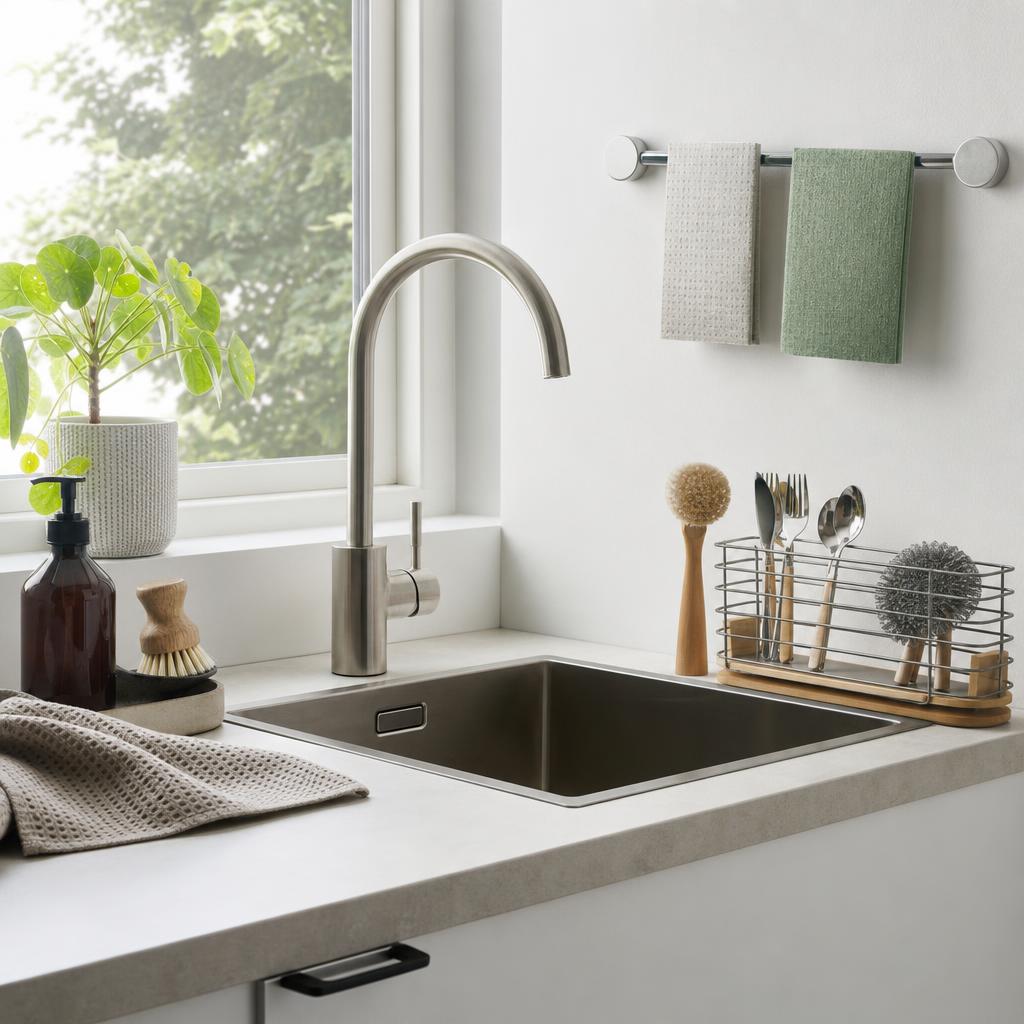 Original photographic Happy Sinks EU editorial for European kitchen sink organizers, Swedish dishcloths and cleaning accessories