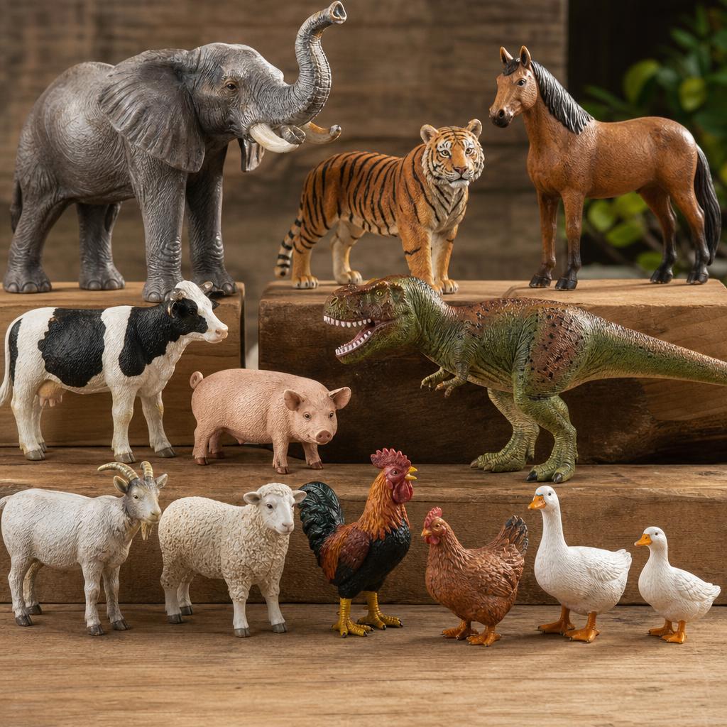 Original collectible-animal-figurine editorial with wildlife, farm animals and dinosaur models