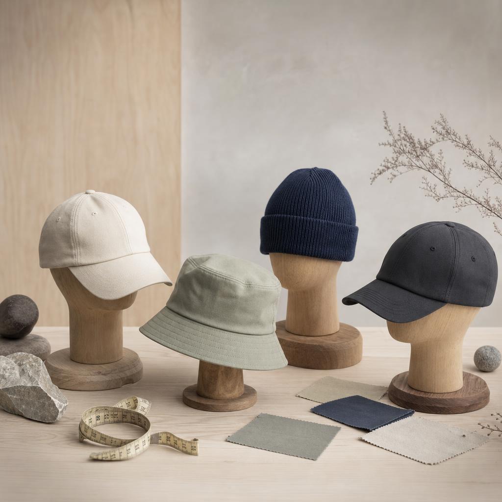 Original premium-headwear editorial with caps, hat, beanie, measuring tape and swatches