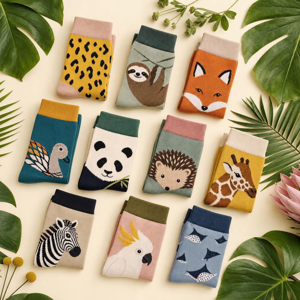Original editorial flat lay of colourful animal-pattern bamboo-blend socks among green leaves
