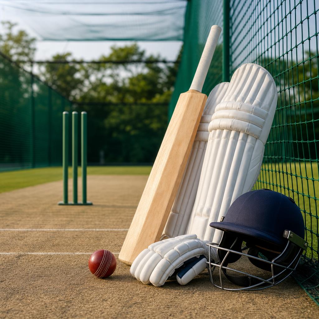 Original cricket equipment editorial with bat, ball, gloves, pads and helmet beside a practice wicket