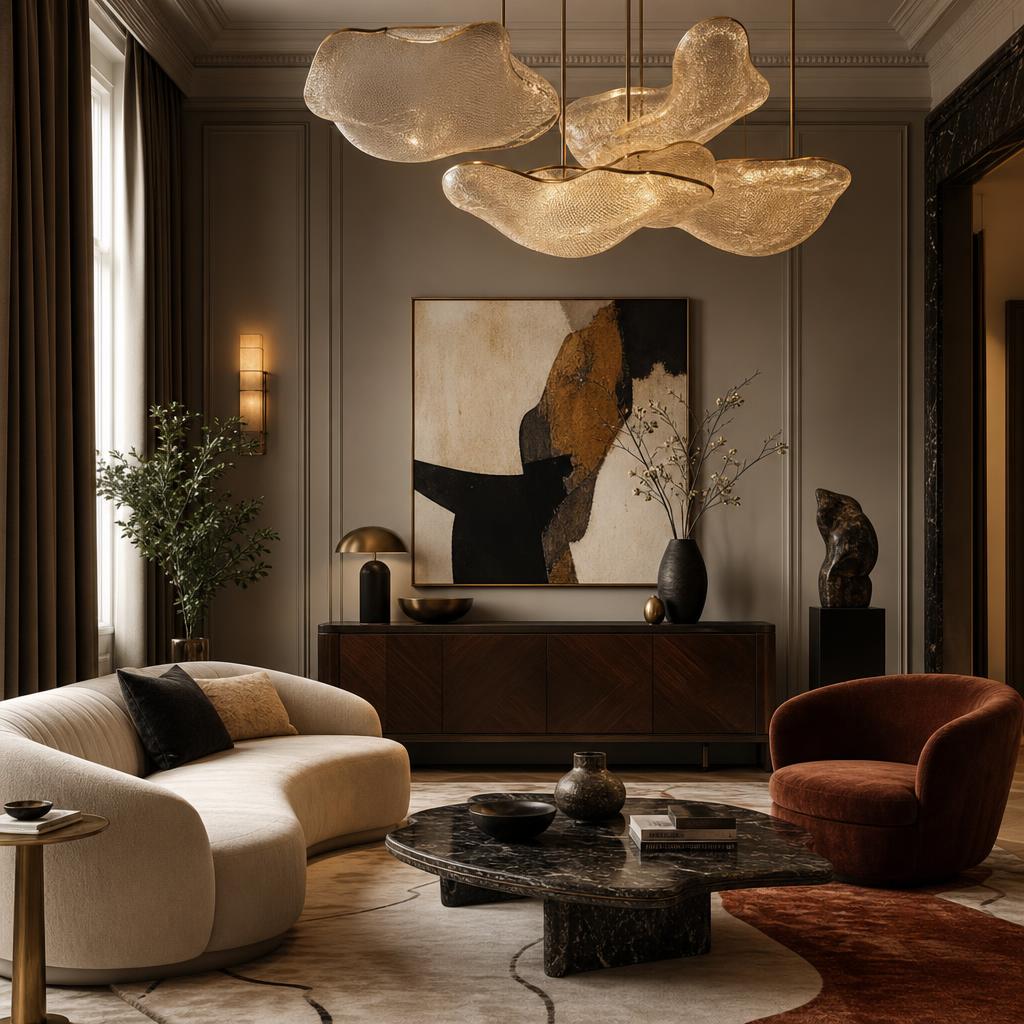 Original luxury interior editorial with chandelier, sofa, armchair, sideboard and abstract wall art