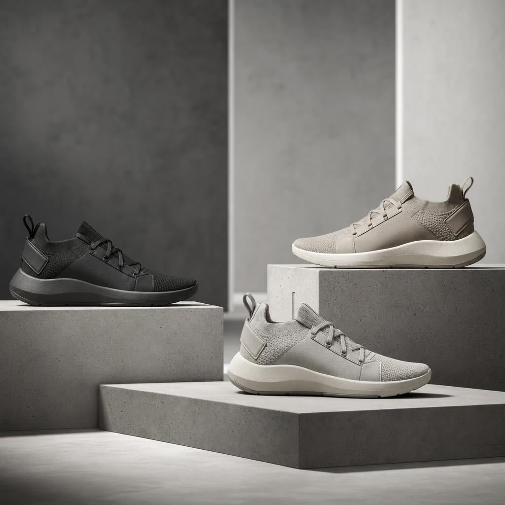Original editorial image of contemporary minimalist sneakers on concrete display plinths