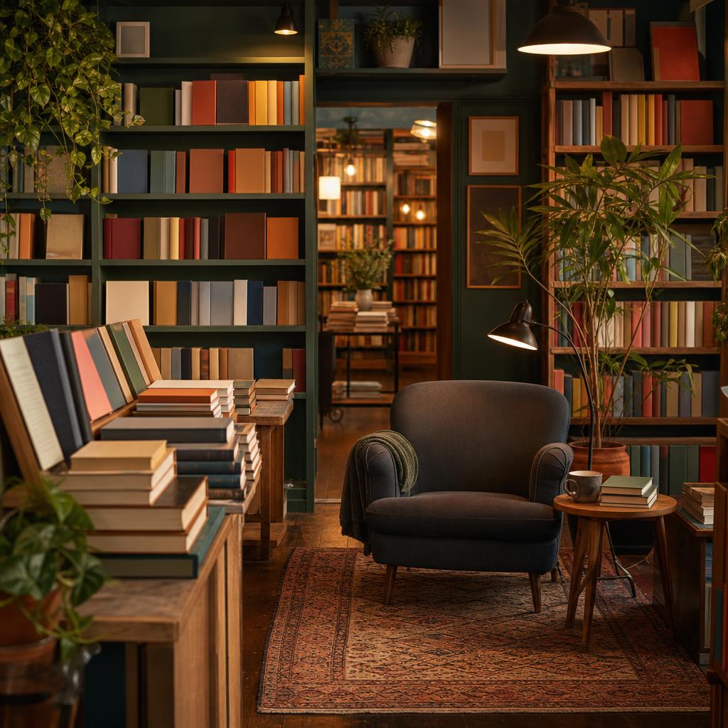 Original editorial image of shelves, stacked books and a reading chair in a cosy bookshop