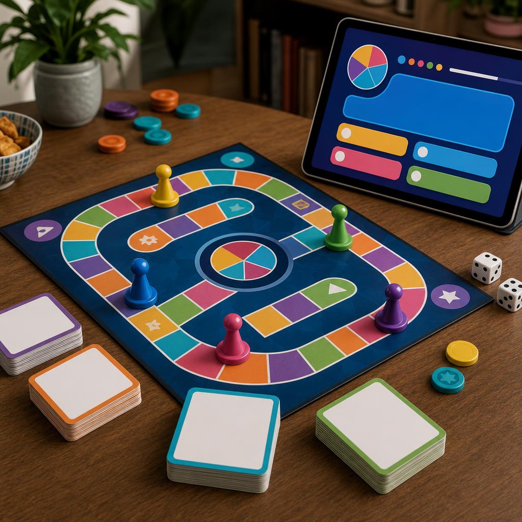 Original connected-quiz-game editorial with board, pieces, blank cards and tablet