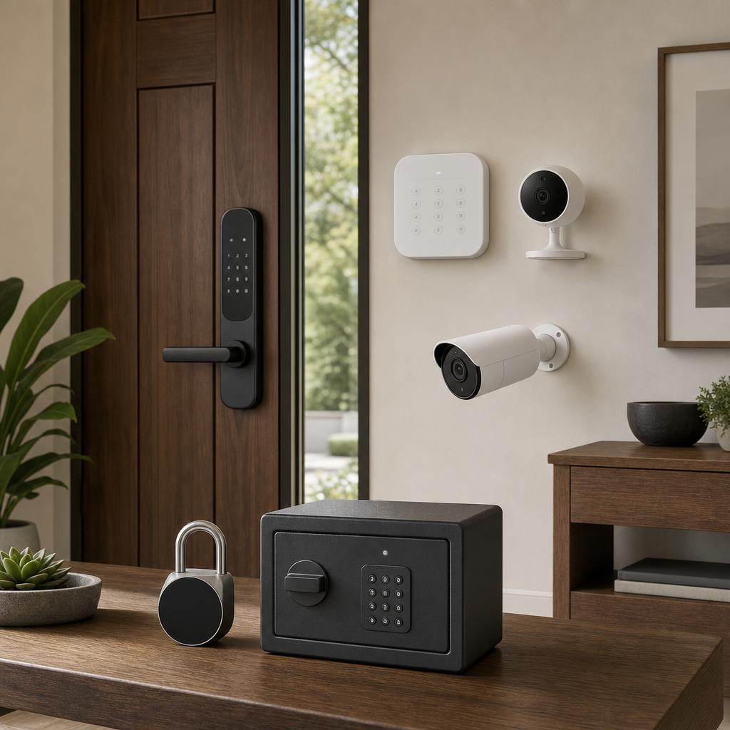 Original home-security editorial with smart lock, alarm, cameras, padlock and safe