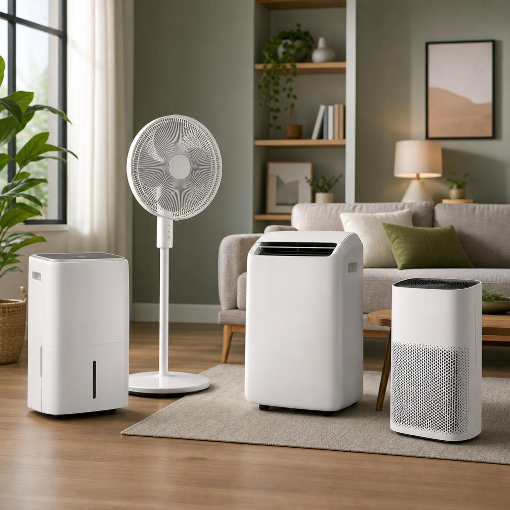 Original home appliance editorial with dehumidifier, fan, compact air conditioner and purifier