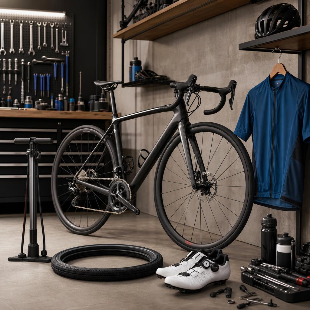 Original cycling retailer editorial with bicycle, helmet, clothing, shoes, pump and tools