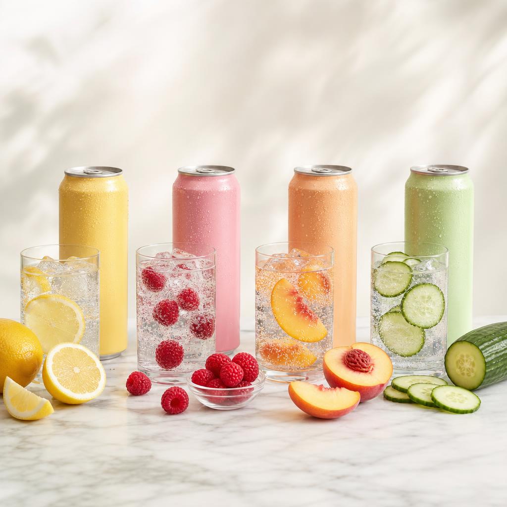 Original sparkling-water editorial with unbranded cans, glasses and fruit ingredients
