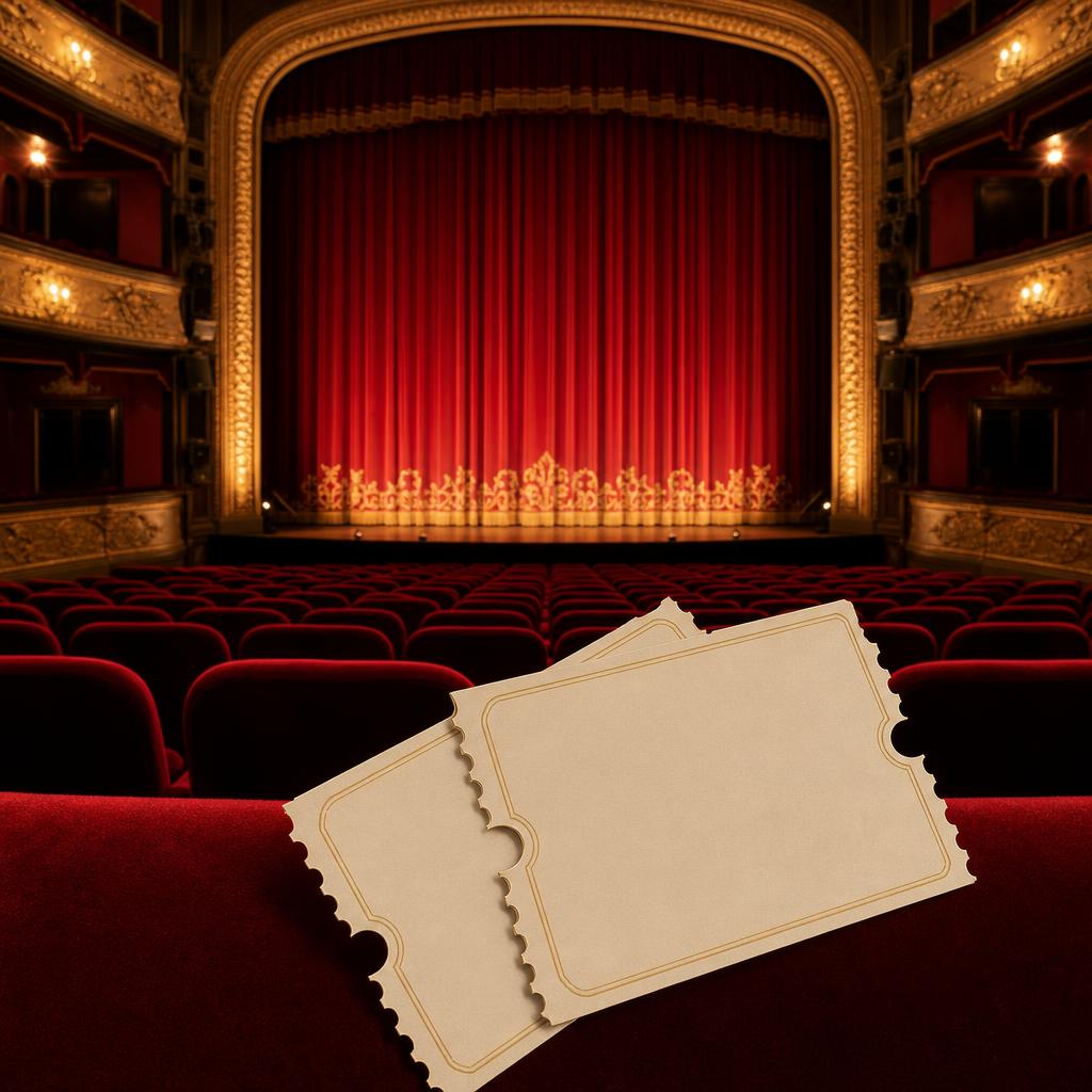 Original London theatre editorial with red velvet seats, stage curtain and blank admission tickets