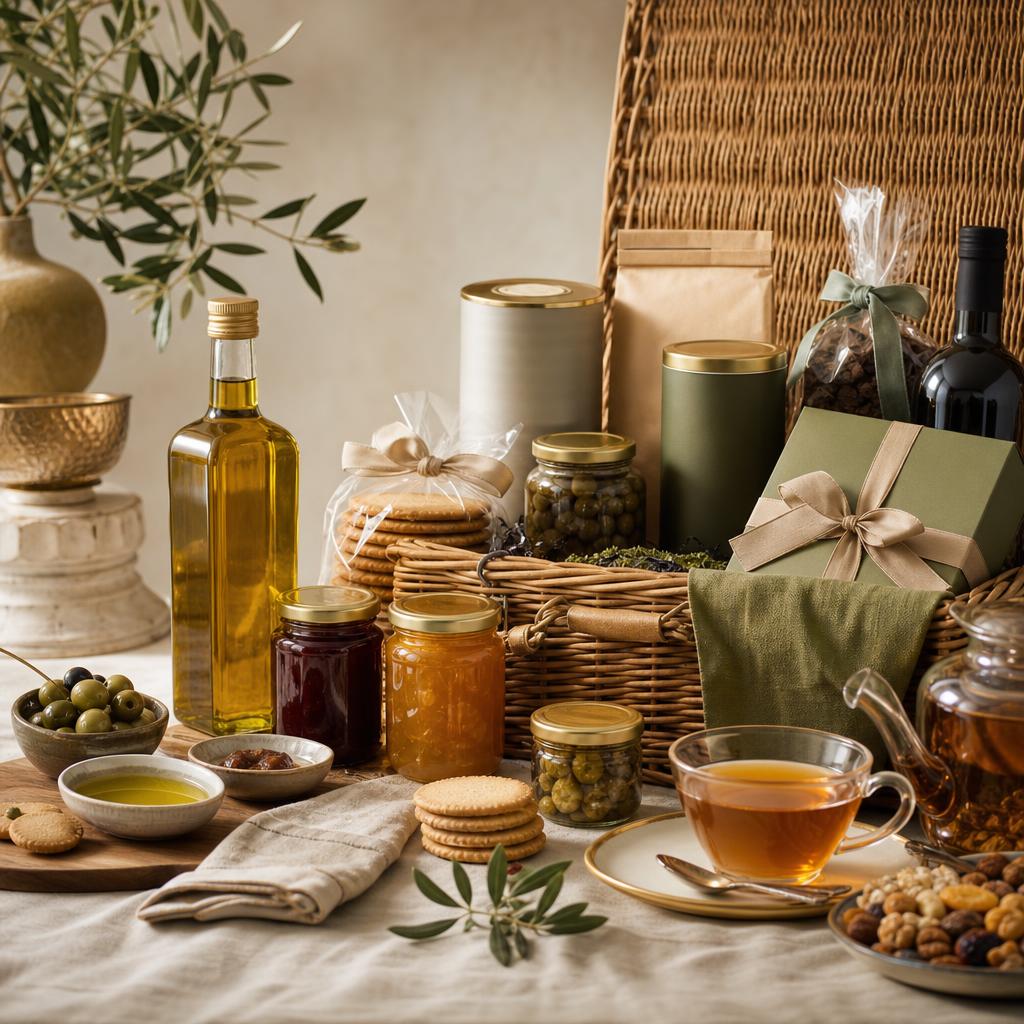 Original gourmet food gift editorial with pantry products and an elegant hamper