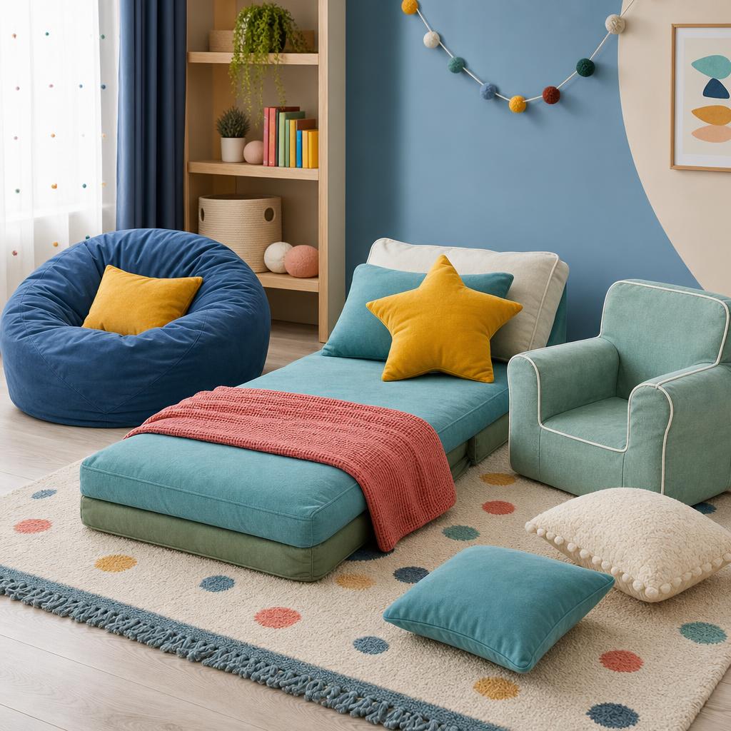 Original children’s soft-furnishing editorial with beanbag, fold-out bed, foam chair and cushions