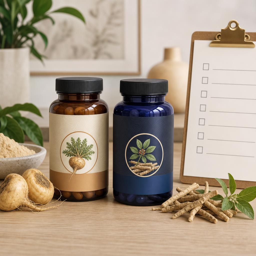 Original tasteful adult-wellness supplement editorial with sealed capsules, botanicals and blank checklist
